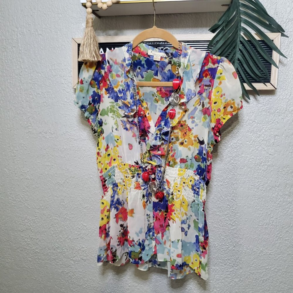 Forever 21 I Floral Sheer Ruffle Button Up Ruched Blouse Cinch Waist Siz…